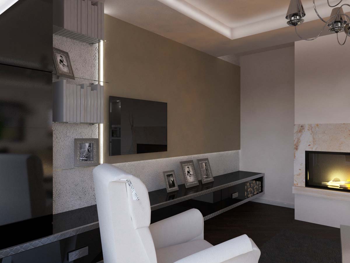 Meble na wymiar w projekcie wnętrza luksusowego salonu bazującego na bieli i lakierowanej czerni - Bydgoszcz.