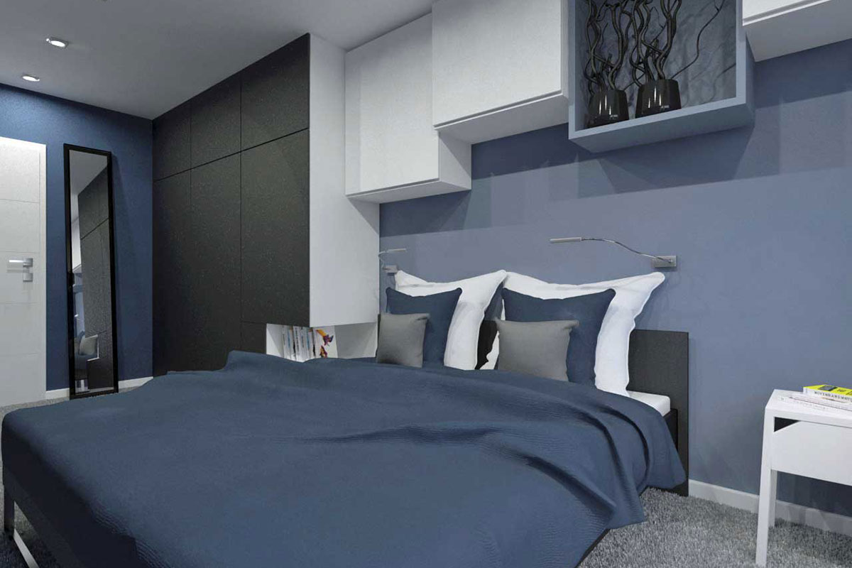 Projekt mebli wykonanych na wymiar do stylowej granatowej sypialni wykonanych przez bydgoskiego producenta mebli Mobiliani w Bydgoszczy oraz zaprojektowanych przez JLT Design.