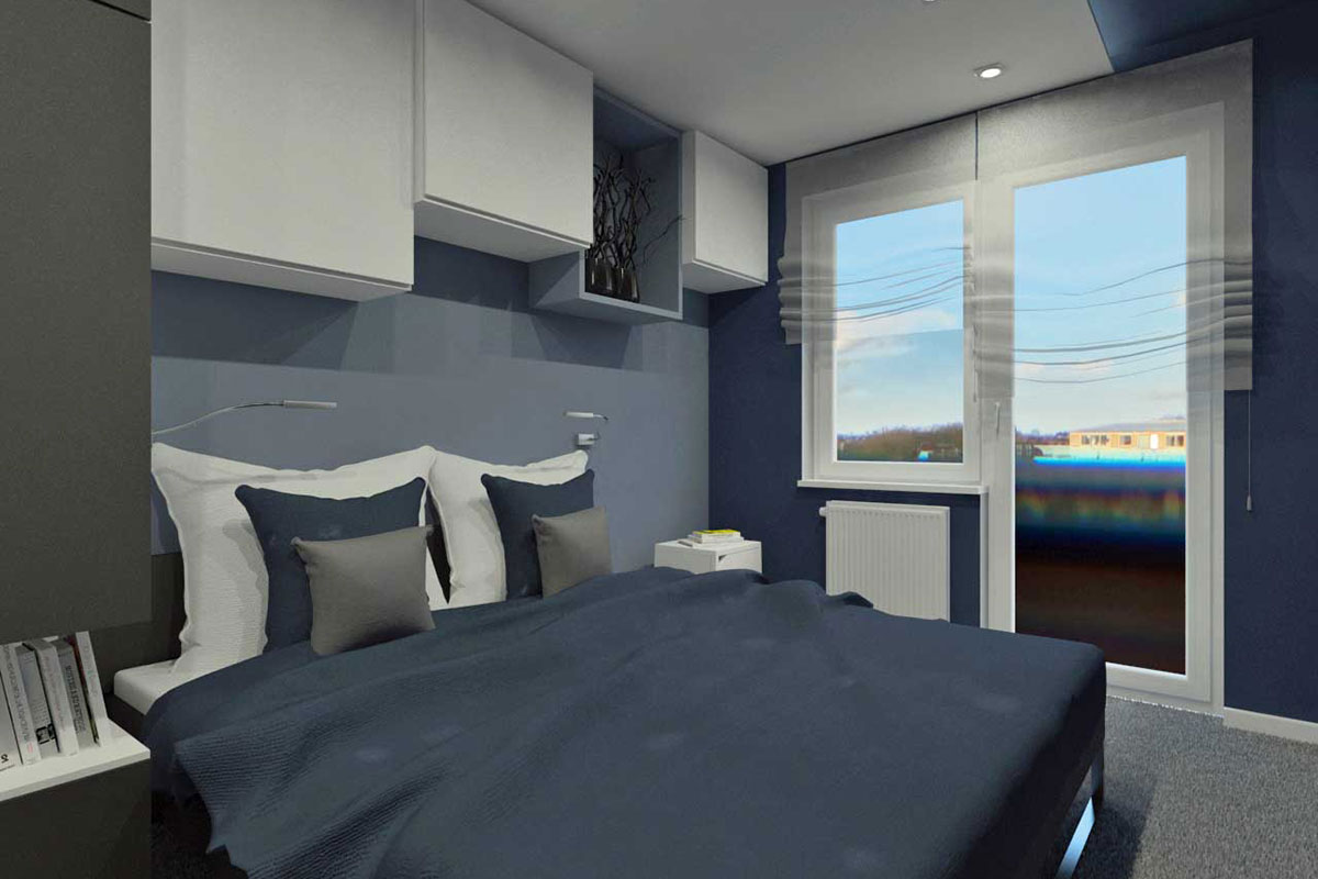 Granatowa sypialnia zaaranżowana meblami na wymiar przez Mobiliani w Bydgoszczy, zaprojektowana przez JLT Design.