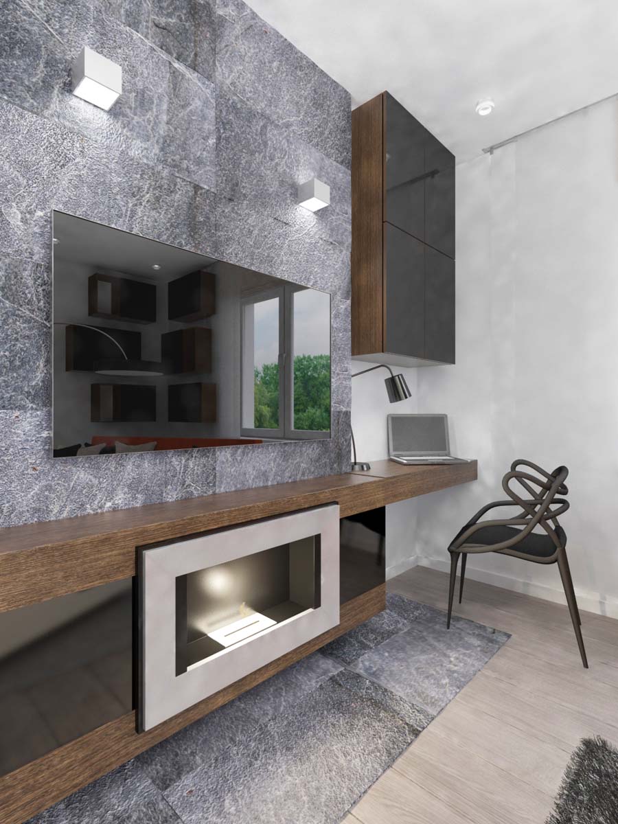 Luksusowe meble na wymiar w projekcie wnętrza salonu z motywem betonu na ścianach.