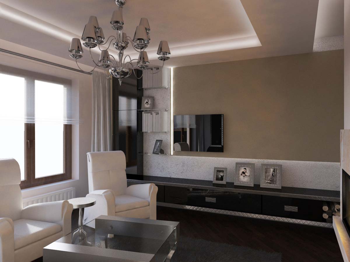 Meble na wymiar w projekcie wnętrza luksusowego salonu bazującego na bieli i lakierowanej czerni - Bydgoszcz.
