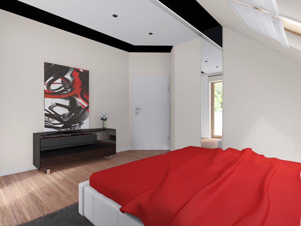 Meble sypialniane wykonane na wymiar do jasnej sypialni w kolorach bieli i czerwieni przez Mobiliani.