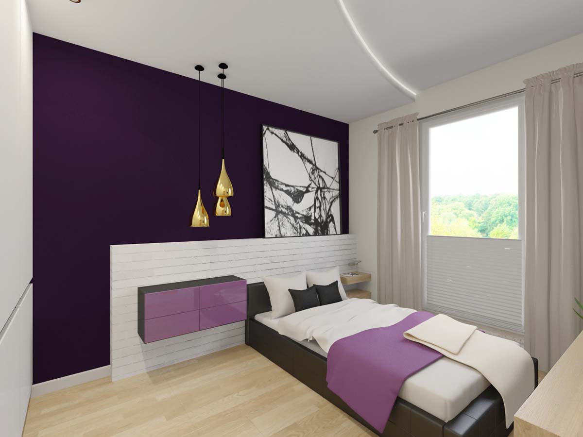 Meble na wymiar w przytulnej sypialni w odcieniach fioletu wyprodukowane przez Mobiliani Bydgoszcz.