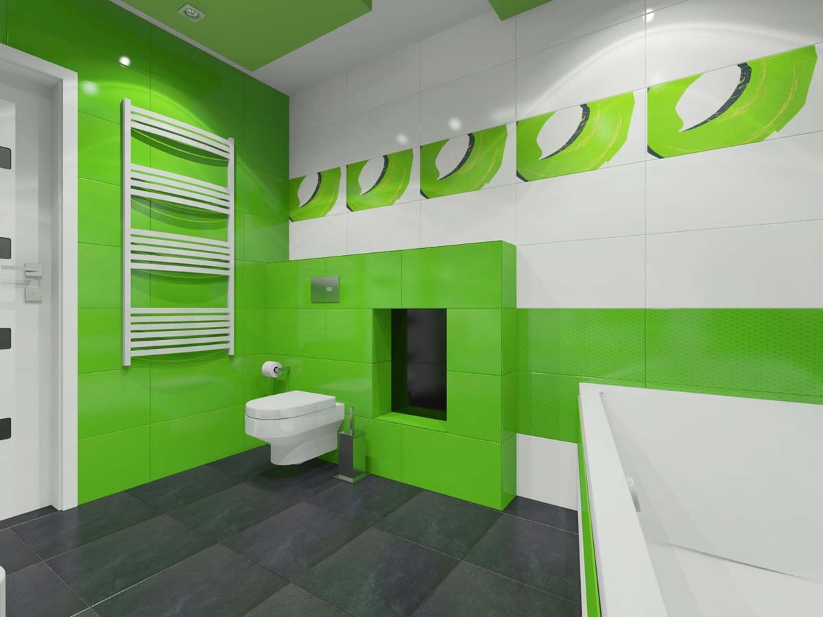Projekt mebli na wymiar w nowoczesnej łazience w kolorach zieleni producenta Mobiliani Bydgoszcz.