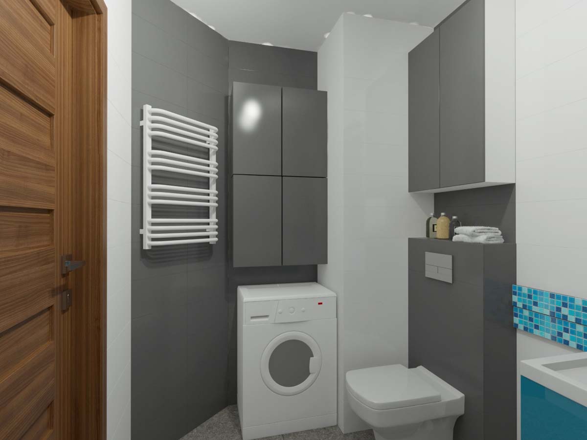 Projekt mebli na wymiar w stylowej łazience w odcieniach błękitu i bieli aranżacji Mobiliani Bydgoszcz.