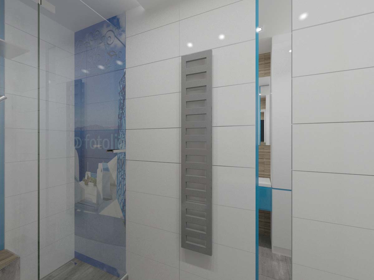 Mebla na wymiar zaprojektowane do łazienki w kolorze błękitu i drewna przez producenta Mobiliani Bydgoszcz.