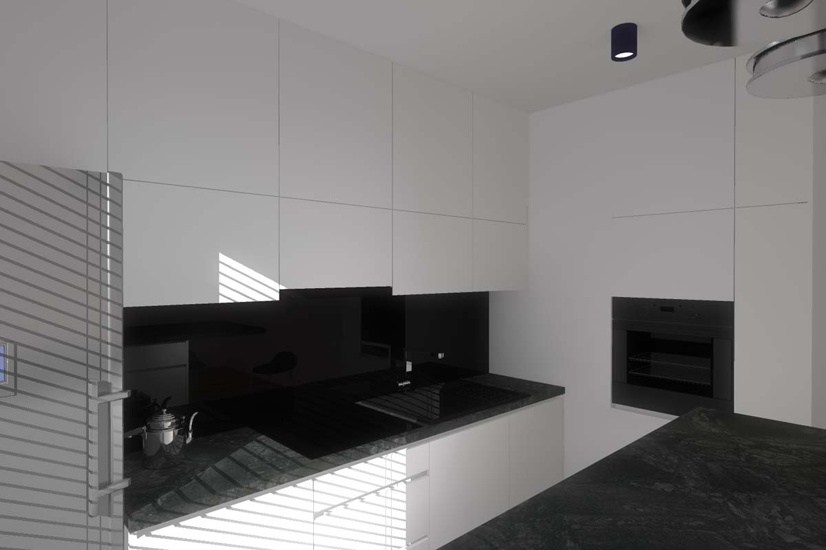Część projektu kuchni z meblami w czerni oraz bieli dla apartamentu - produkcja Mobiliani.