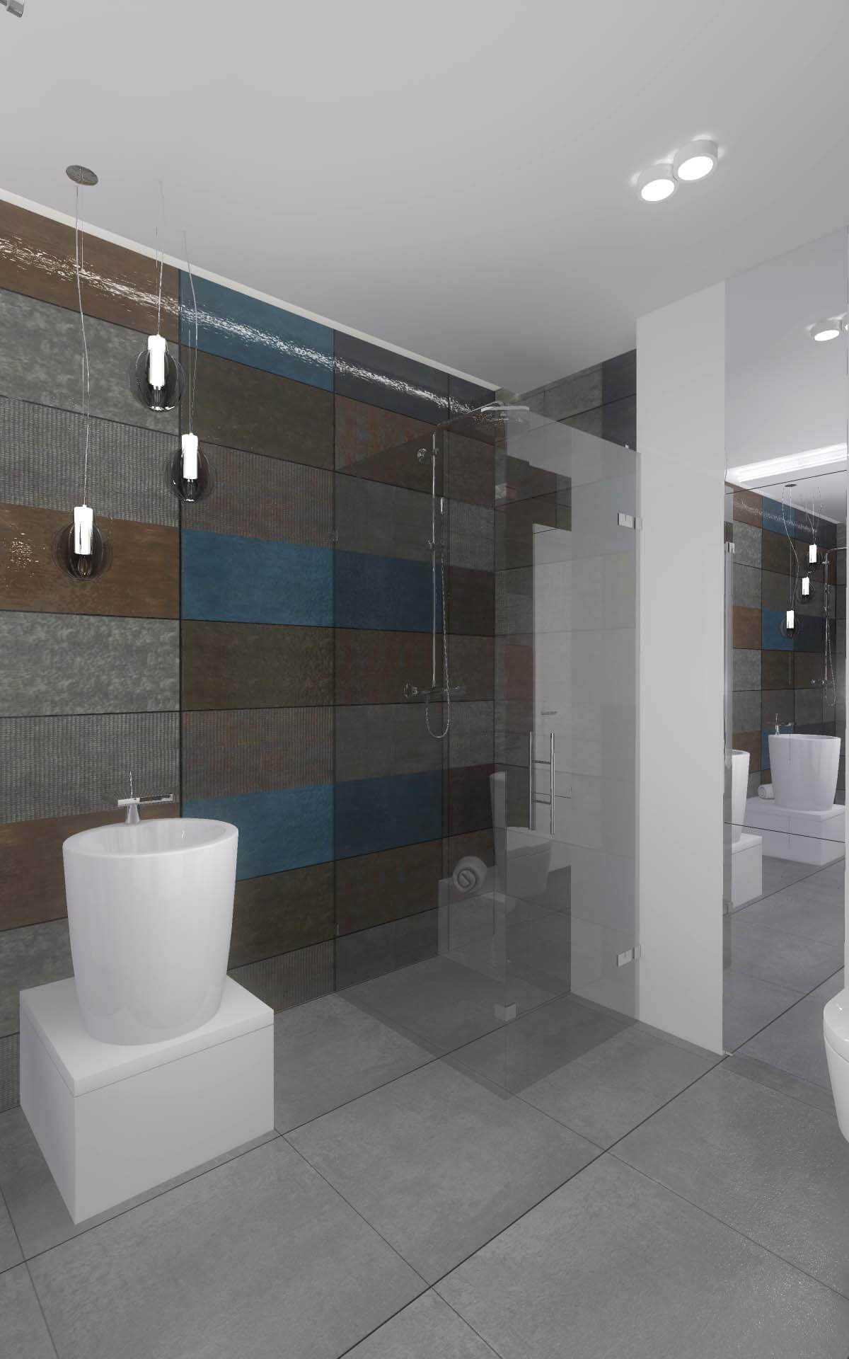 Designerska ściana w odcieniach pasujących do przestrzeni nowoczesnej łazienki - Mobiliani.