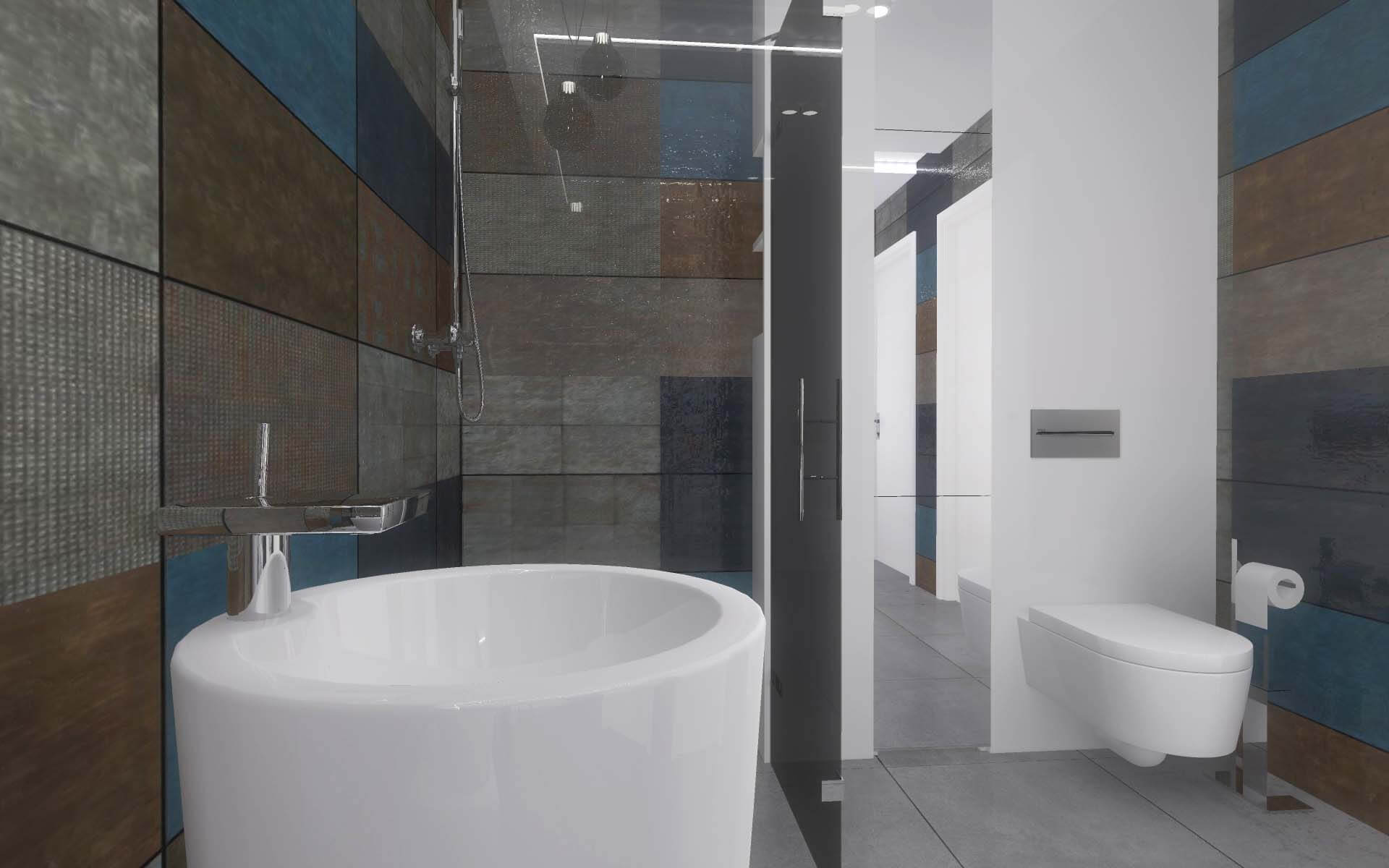 łazienka utrzymana w koncepcji projektu apartamentu w morskim klimacie.